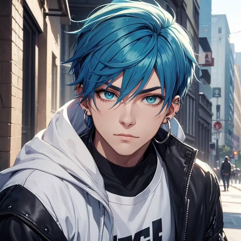 Young man, Blue hair in a wolf cut, green eyes, handsome, piercings, street style clothes