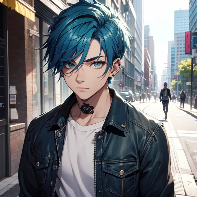 Young man, Blue hair in a wolf cut, green eyes, handsome, piercings, street style clothes