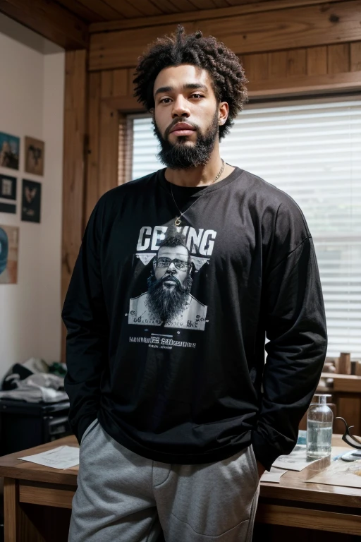 light skin black artist with curly hair 1,85 tall and beard, with a glass of lean in his left hand, wearing a loose long-sleeved shirt and loose pants inside the studi