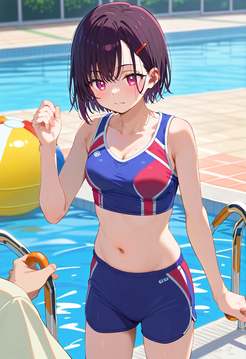 Mikazuki Shizuka, alone,One girl, Sportswear,belly button,男の人が女の人のbelly buttonにキスする,1boy,Poolside,BREAKscore_9, score_8_Excellent, score_7_Excellent, anime