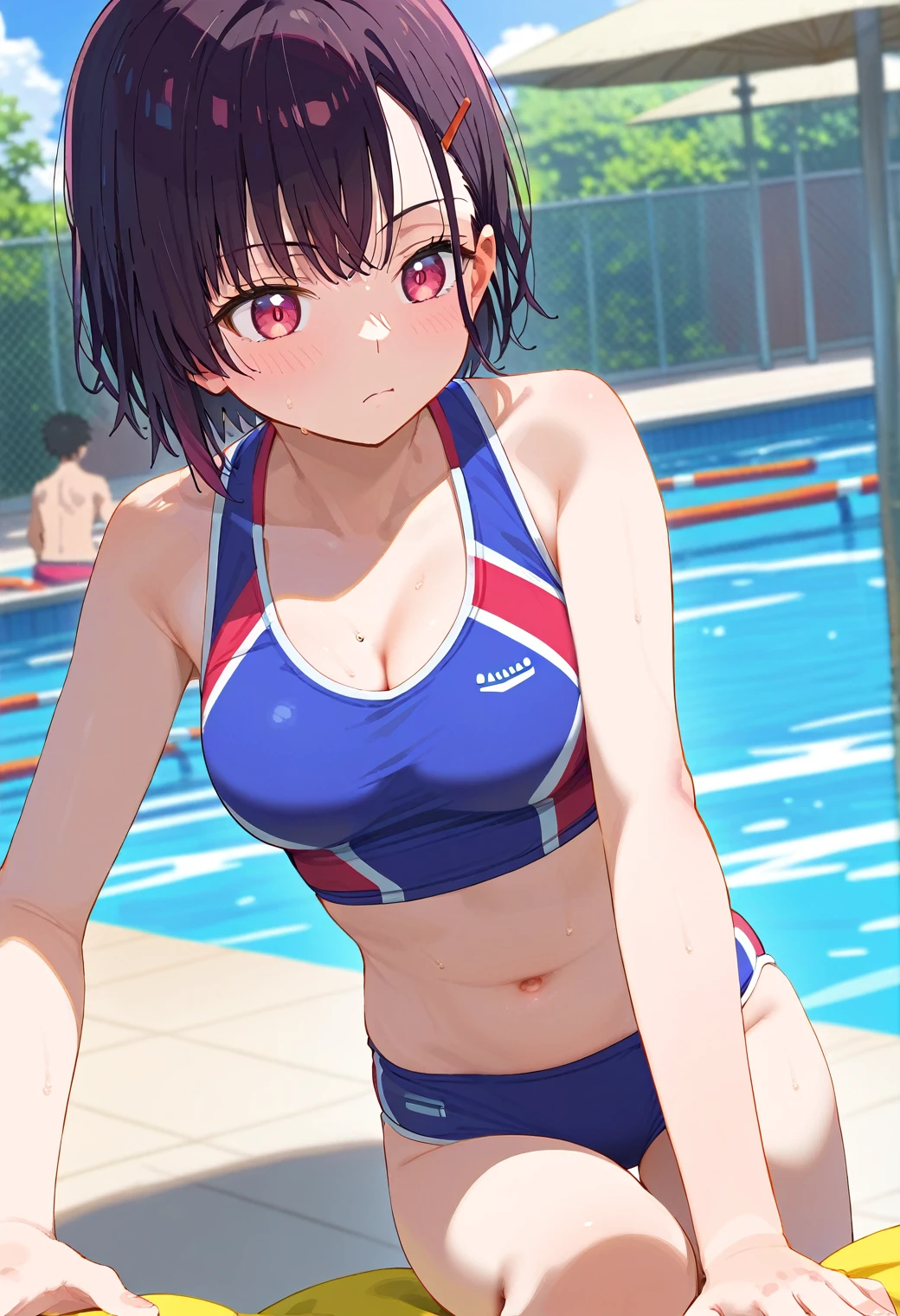 Mikazuki Shizuka, alone,One girl, Sportswear,belly button,男の人が女の人のbelly buttonにキスする,1boy,Poolside,BREAKscore_9, score_8_Excellent, score_7_Excellent, anime