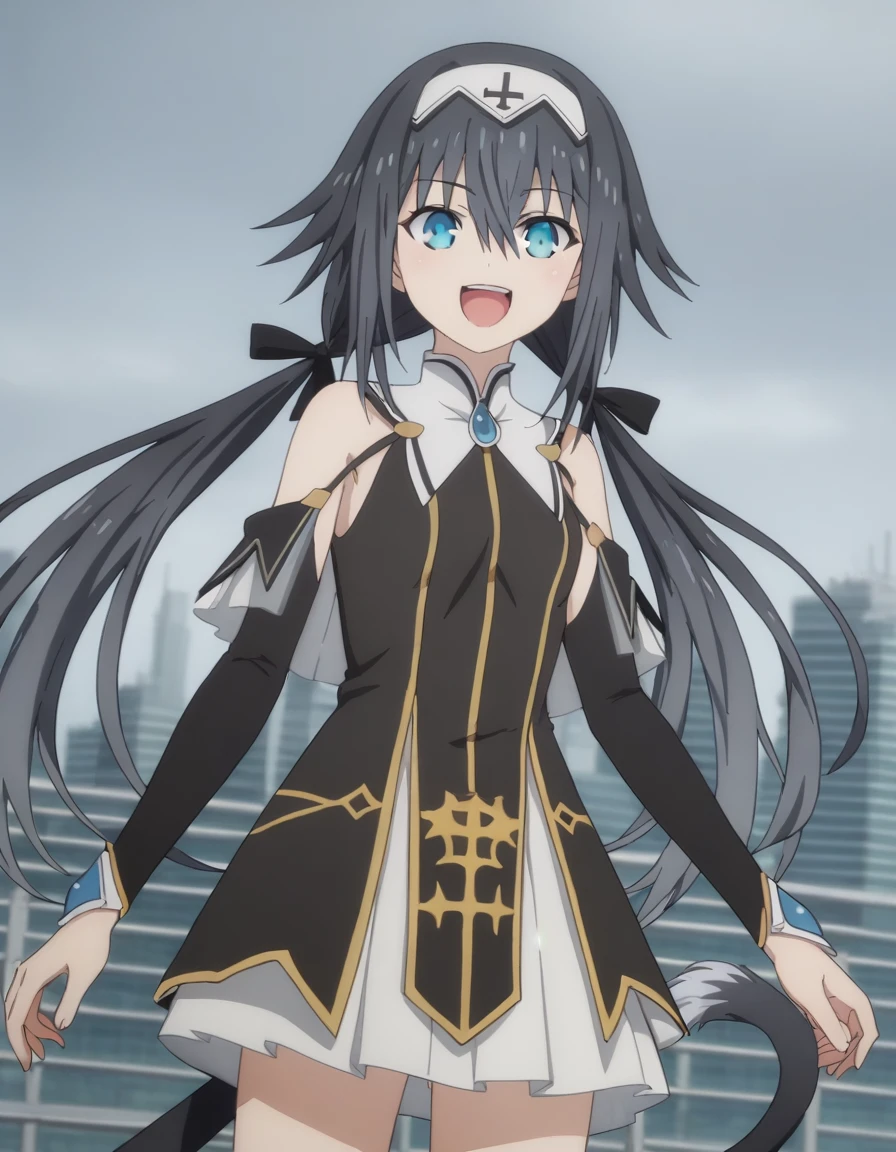 score_9, score_8_consolation, score_7_consolation, source_japanese cartoon movies,
Nivelcall,  Nivelcall, long hair, blue eyes, black hair, hair between eyes, twin tail, very long hair, hair band, low twin tail, white hair band,
skirt, separated sleeves, sleeveless, white skirt, black sleeves,
cityscape, finished, laugh,
looking at viewer, alone, cowboy shot, dutch angle, small breasts