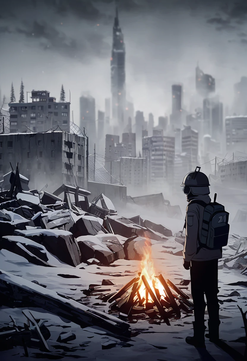man, 21 years old, survivor, dressed in old clothes, Helmet, mask, backpack, winter apocalypse, Loneliness, gloom, Dead city, bonfire, night