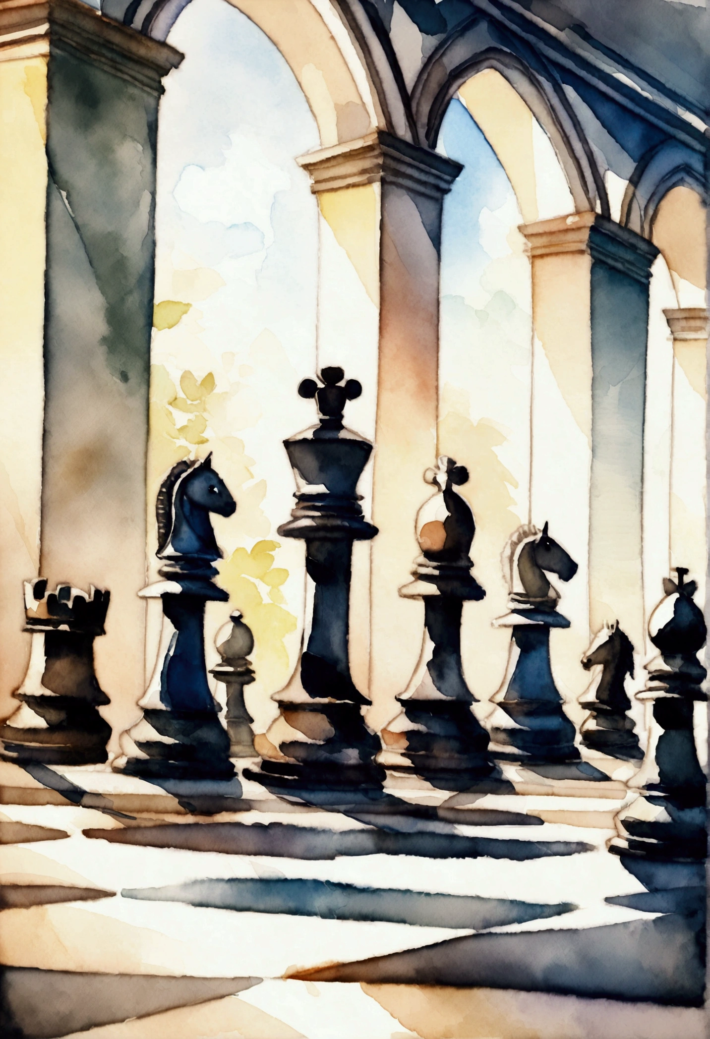 chess game in the palace park, watercolor, chess knight