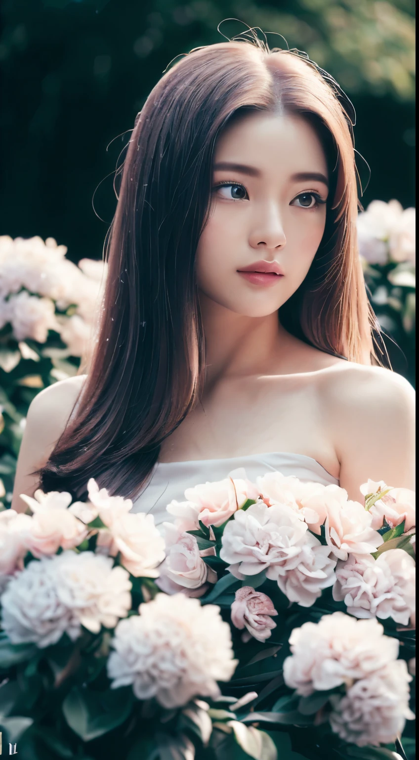 (Best quality, 4K, 8K, A high resolution, Masterpiece:1.2), Ultra-detailed, (Realistic, Photorealistic, photo-realistic:1.37), Portrait, Beautiful flowing long hair, Gray iris，vacant gaze, Plump pink lips, The ends of the hair are dotted with white flowers, Slender figure, Panoramic view, black formal, Detailed legs, looking at camera