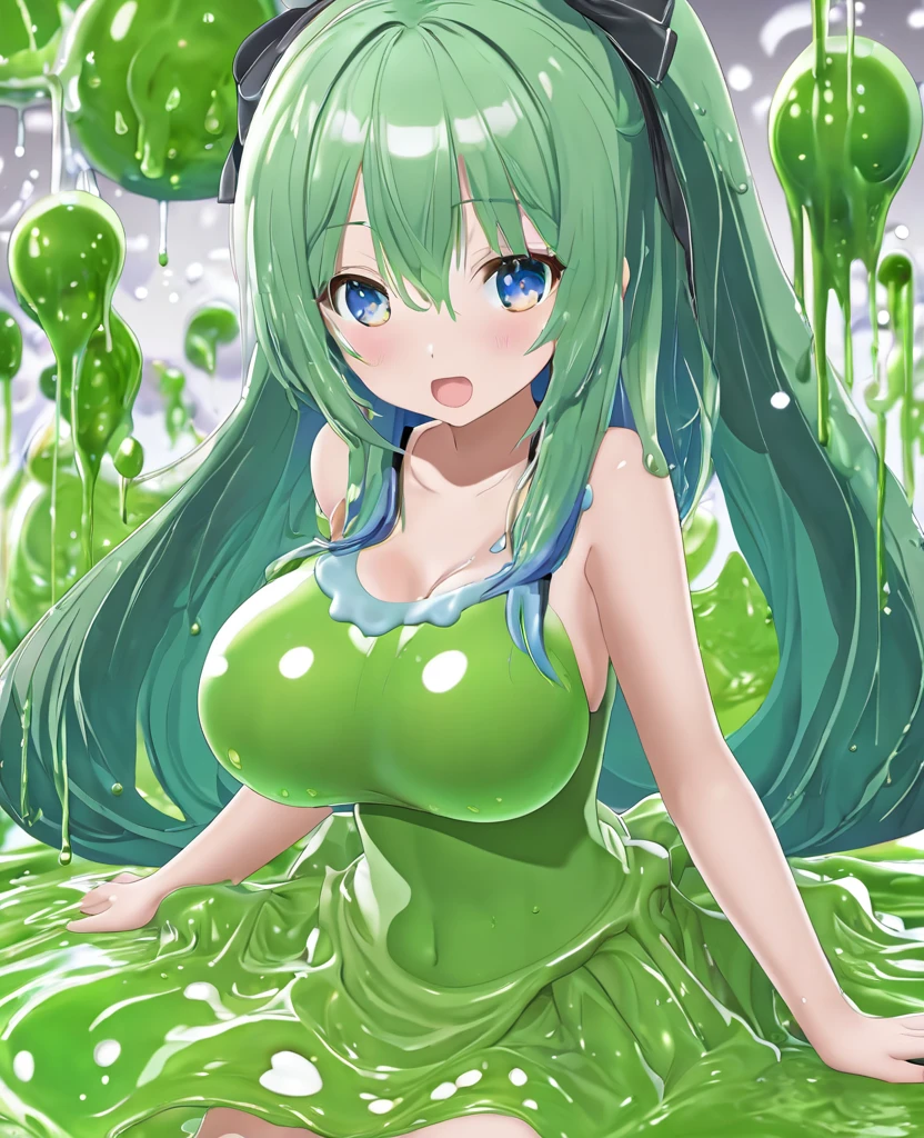 cute,(( slime girl)),li,,,huge breasts,serefuku,skirt,dripping,