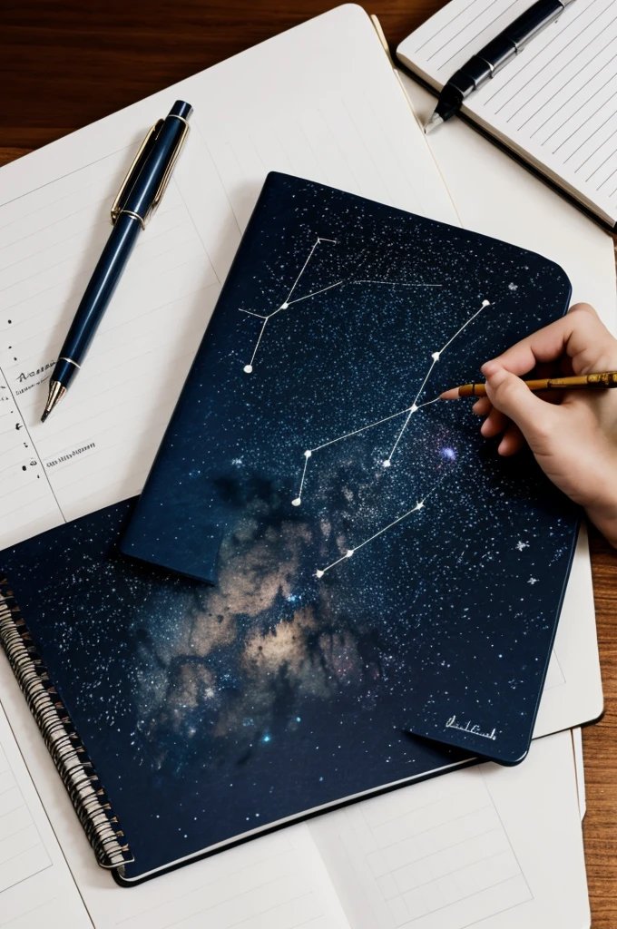 A girl drawing constellations in her notebook 