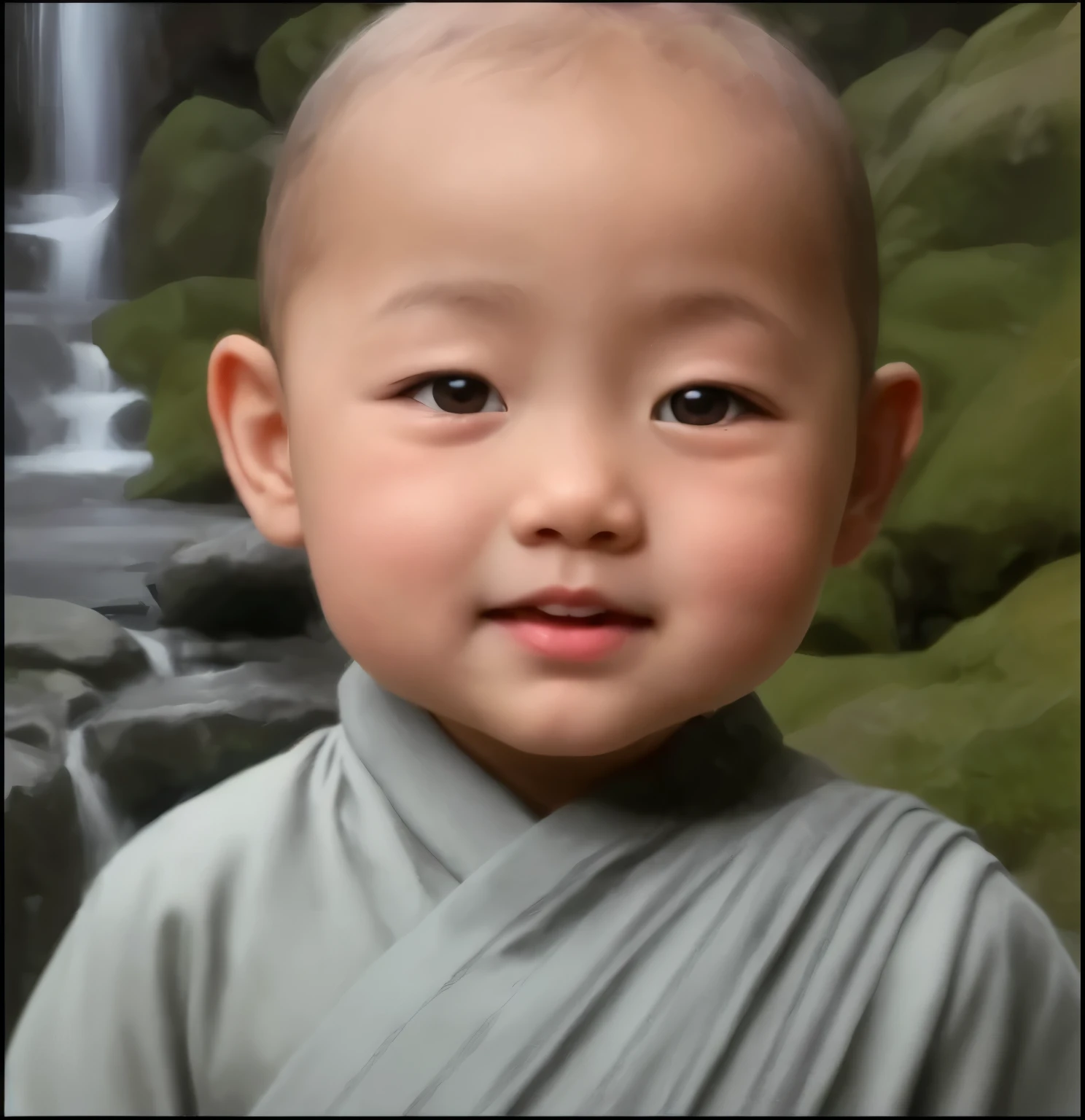 Baby in Asian robe in the room, style'expressive facial animation, oldmemecore, made of rubber, grey, young and energetic, copics, Subtle colors--ar 45:46 --5 Medium.2 --750,big eyes
