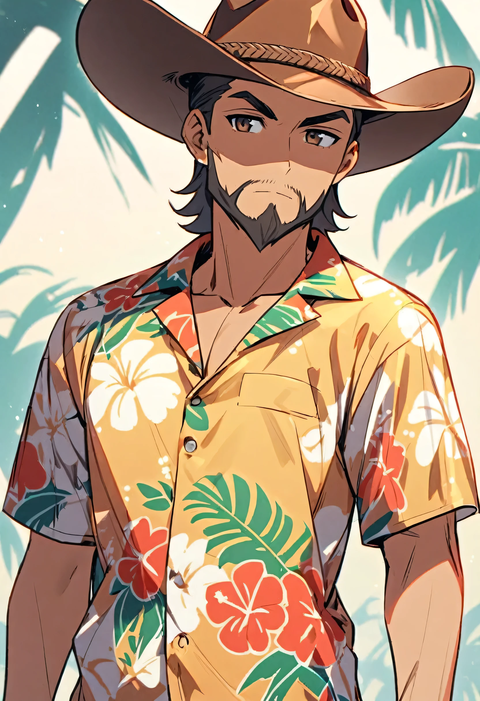 Front pose, full character, cowboy hat, hawaii shirt, little beard, brown eyes, lightskin 