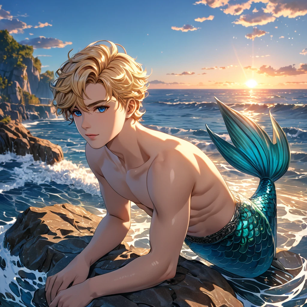 cute handsome merman boy with blonde short hair in the ocean in the sunset, good looking, beautiful detailed human face, alluring blue eyes, elaborated mermaid blue tail, serene, masterpiece, full body shot, highres, high resolution, high quality, intricate details, extremely detailed, incredible details, full colored, complex details, insanely detailed and intricate, extremely detailed with rich colors. masterpiece, best quality, HDR, UHD, unreal engine, High quality, gorgeous, glamorous, 8k, super detail, gorgeous light and shadow, detailed decoration, detailed lines, glittery, fantasy, pretty colors, anime style