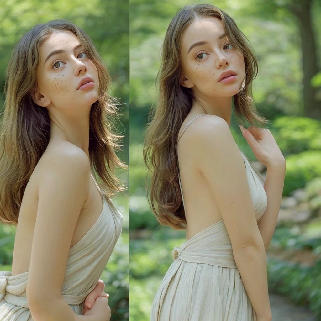 Create a highly detailed and realistic full-front portrait of a woman with no clothing, depicted tastefully and artistically. She should have natural skin tones with subtle variations, such as slight freckles or gentle blushes. Her eyes should be vivid and expressive, with a natural, engaging gaze. Her hair should be styled in a way that complements her face and the overall aesthetic, whether it’s loose waves, a neat updo, or flowing straight locks.
The image should focus on the natural beauty and grace of the human form, with careful attention to anatomical accuracy and proportion. The pose should be elegant and dignified, emphasizing the natural curves and contours of her body in a way that is both artistic and respectful.
The background should be a serene and picturesque natural environment, such as a lush garden, a sunlit forest glade, or a tranquil lakeside scene. Ensure the image is captured in high resolution, highlighting every detail of her form, the natural environment, and the interplay of light and shadow. The lighting should be soft and flattering, enhancing her natural beauty and creating a harmonious and aesthetically pleasing composition.
The overall tone of the image should be one of elegance and natural beauty, celebrating the human form in harmony with nature. The focus should be on creating a work of art that is both beautiful and respectful, avoiding any elements that could be perceived as vulgar or inappropriate.