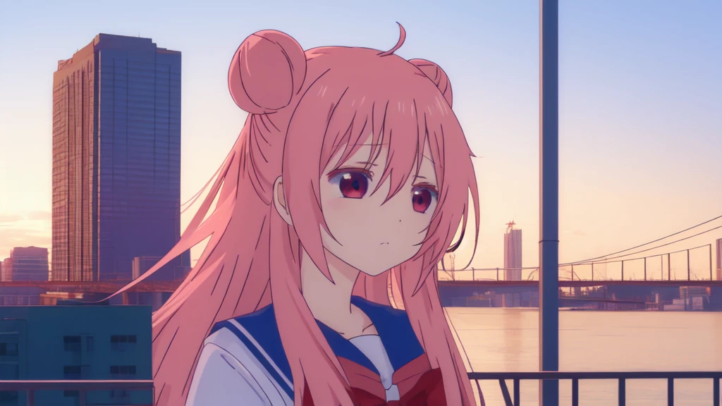 masterpiece, best quality, city background, 1girl, solo, upper body, bow, serafuku, satou, emotionless, expressionless, anime wallpaper 4k, detailed background, detailed hair