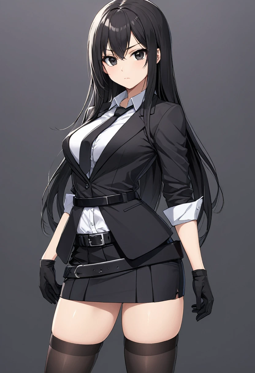 Black miniskirt ,shoes, dress shirt , pencil skirt , black long tie , assassin , whole body ,business attire , Black gloves , shorts blazer , straight hair , black eyes , thighs , whole body , standing posture , close up , Cute face , waist belt , stockings , face