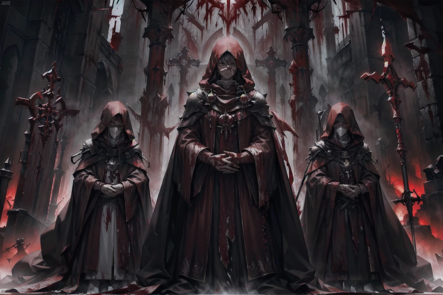 ((blood droplets)), ((blood)), ((blood splatter)), ((blood on clothes)) ((blood stain)), masterpiece, Superior image quality, High resolution, 4k image, 3 tall men, thin, hooded, faces hidden by the hood, crimson robes, They wield a long staff with encrusted campaigns, standing in a dark room, at night, crimson sky,