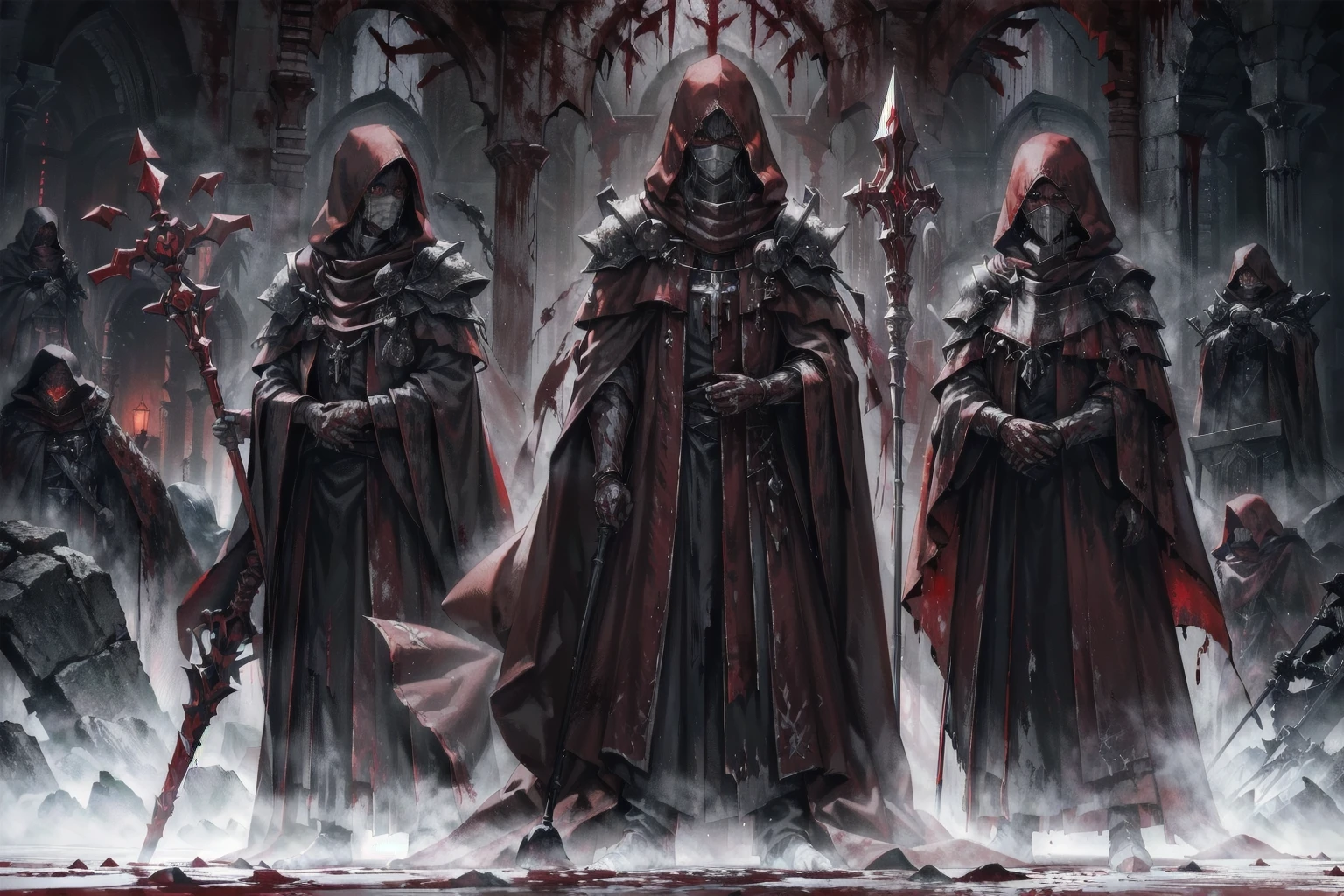 ((blood droplets)), ((blood)), ((blood splatter)), ((blood on clothes)) ((blood stain)), masterpiece, Superior image quality, High resolution, 4k image, 3 tall men, thin, hooded, faces hidden by the hood, crimson robes, They wield a long staff with encrusted campaigns, standing in a dark room, at night, crimson sky,