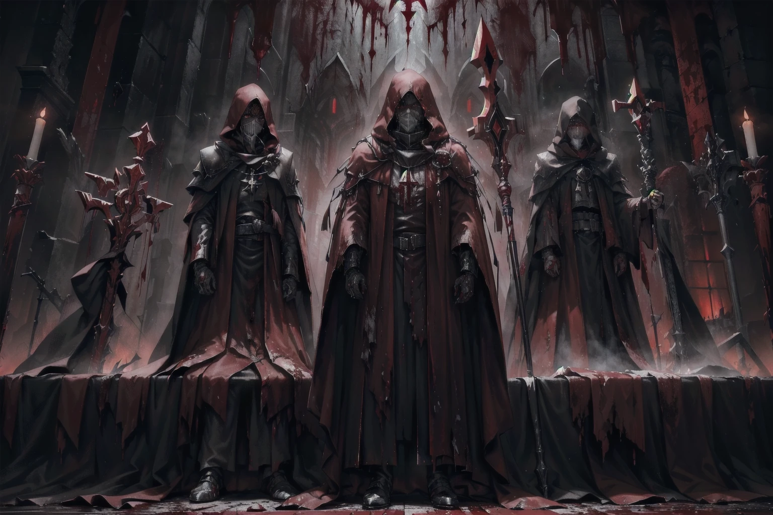 ((blood droplets)), ((blood)), ((blood splatter)), ((blood on clothes)) ((blood stain)), masterpiece, Superior image quality, High resolution, 4k image, 3 tall men, thin, hooded, faces hidden by the hood, crimson robes, They wield a long staff with encrusted campaigns, standing in a dark room, at night, crimson sky,