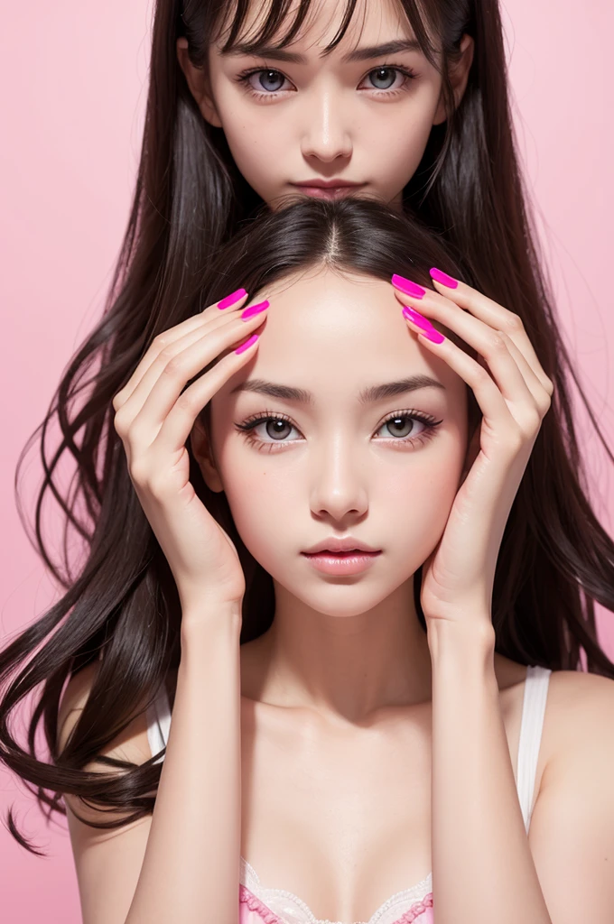 Make an image of a beautiful girl showing her nails with the pink background
