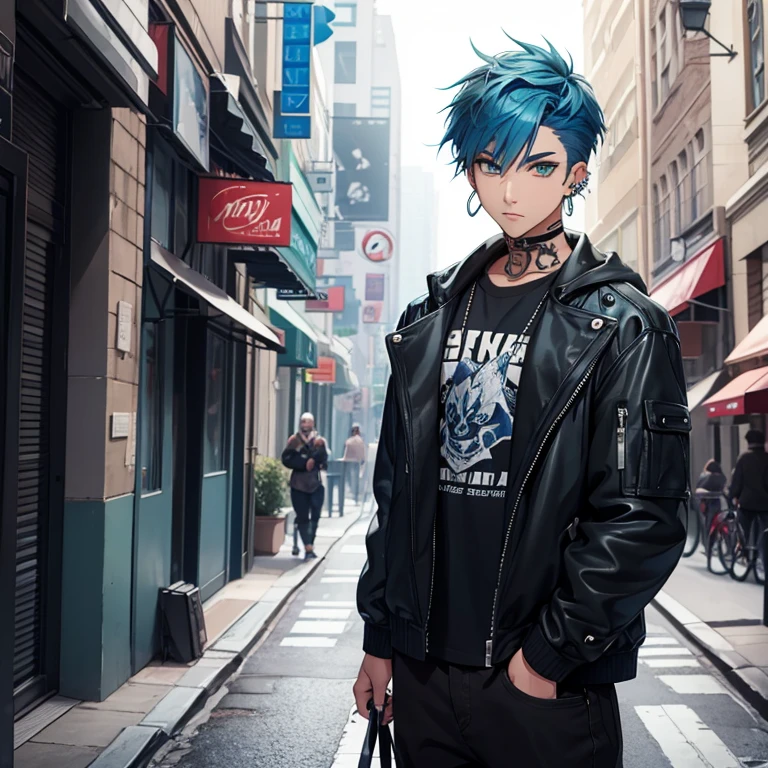 Young man, Blue hair in a wolf cut, green eyes, handsome, piercings, street style clothes