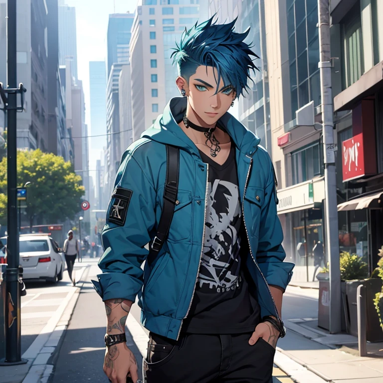 Young man, Blue hair in a wolf cut, green eyes, handsome, piercings, street style clothes