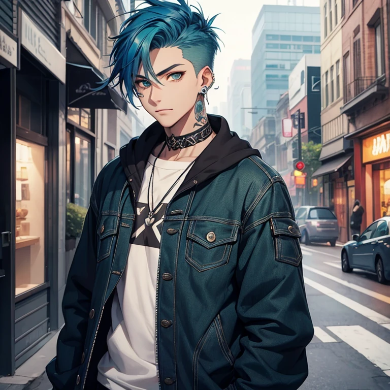 Young man, Blue hair in a wolf cut, green eyes, handsome, piercings, street style clothes