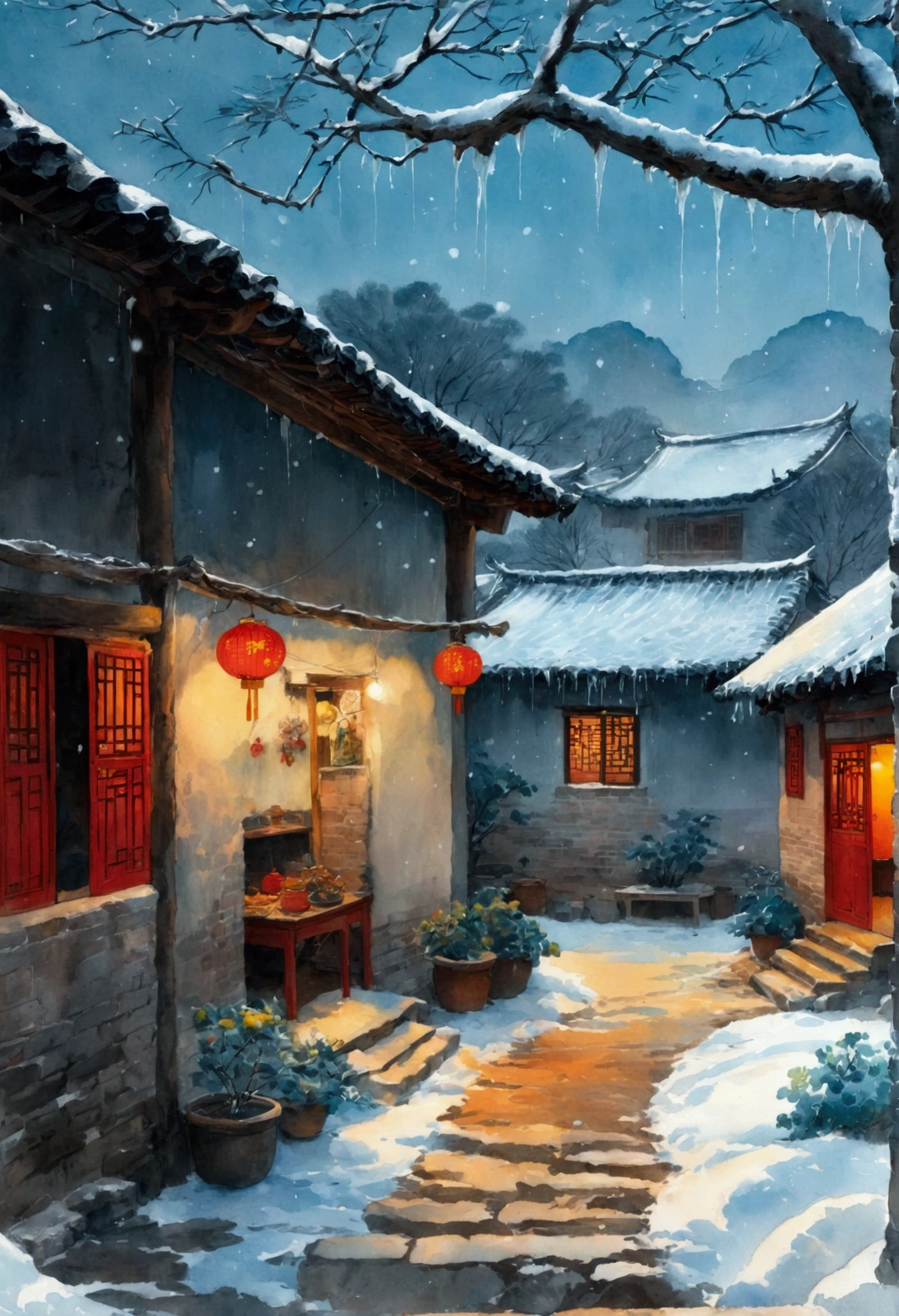 Ink Painting:China 70s,winter,heavy snow,Village courtyard,Warm home,patio,Icicles on the eaves,Tree,Dirt paths,Happy little ones