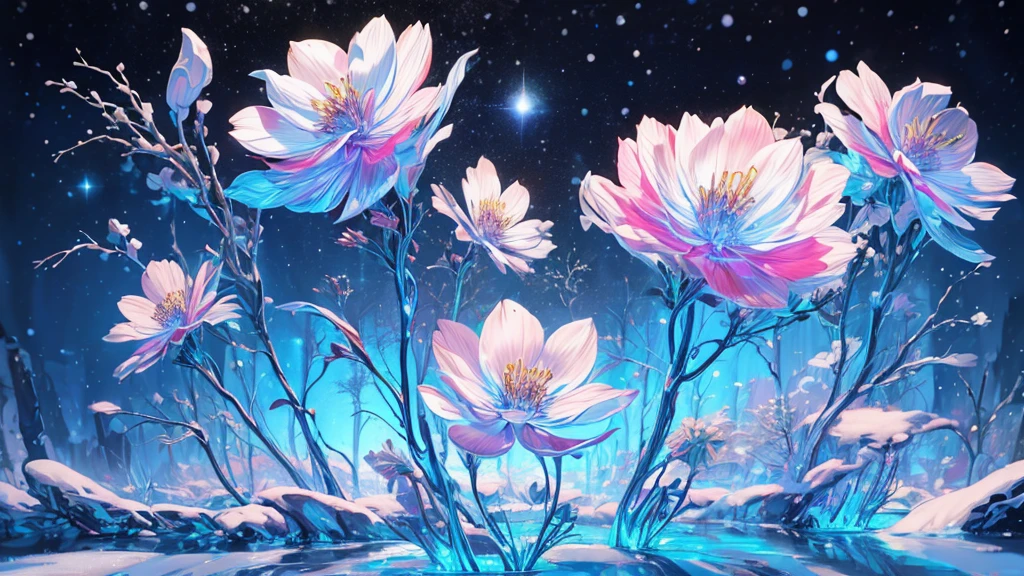 melody mark,premium、mesa、1woman、Alone、(Abstract art:1.4),(Psychedelia theme:1.6),(Gunjo World:1.5),(snow world:1.5),(winter world:1.5),(In the center of the world is the most beautiful woman in the world.),(many stars are falling:1.3),A ray of light spreads,Crystals extending from the center.,prisma(nostalgic landscapes:1.5),(colorful flower:1.5),garden girl,absurd, ultra detailed,Bright color, Extremely beautiful and detailed anime face and eyes.,short hair,asymmetrical bangs, Blonde hair with short twin tails., shiny hair, beautiful and delicate face, red blush、blue eyes, White skin, hair clips, earrings, a necklace,beautiful cloud, dusk sky,