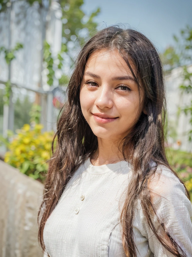 A young woman with long, straight black hair poses outdoors, smiling softly. She wears a light gray, ribbed long-sleeve shirt with buttons. The background features greenery and blurred structures, suggesting a sunny day. Her complexion is clear and radiant, adding to her cheerful expression.
