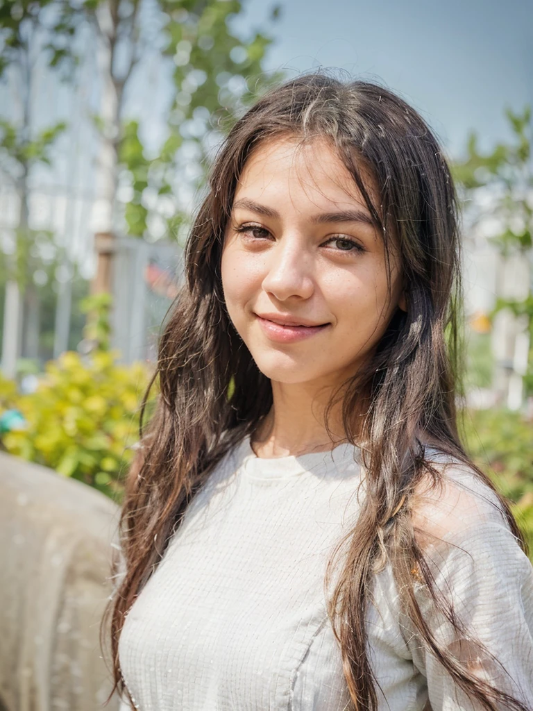 A young woman with long, straight black hair poses outdoors, smiling softly. She wears a light gray, ribbed long-sleeve shirt with buttons. The background features greenery and blurred structures, suggesting a sunny day. Her complexion is clear and radiant, adding to her cheerful expression.