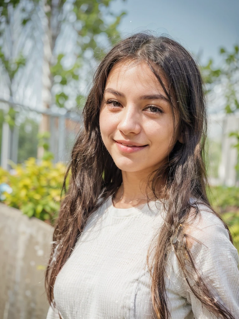 A young woman with long, straight black hair poses outdoors, smiling softly. She wears a light gray, ribbed long-sleeve shirt with buttons. The background features greenery and blurred structures, suggesting a sunny day. Her complexion is clear and radiant, adding to her cheerful expression.