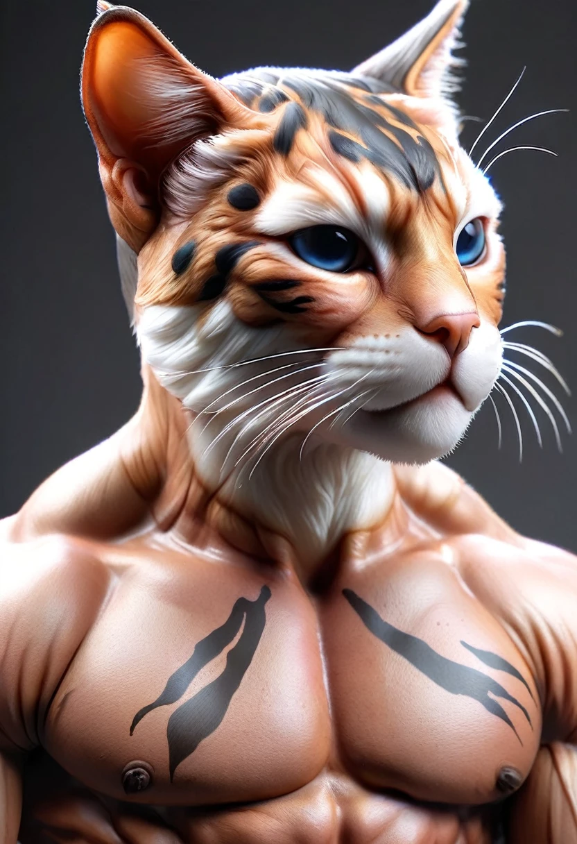 Cat、Realistic depiction、From the face down, the body of a muscular man、