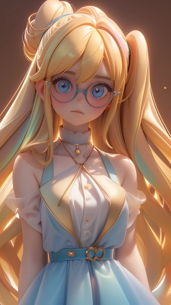 a close up of image of girl with glasses and gold hair and long neck, 1girl, solo, long hair, tinted eyewear, round eyewear, sunglasses, jewelry, hair, bangs,Marinette, blue_eyes, Marinette Dupain-Cheng