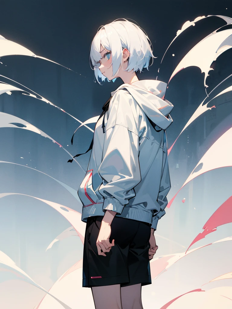Teenage girl with short white hair in dark anime style、put on a sad face、He is wearing a white hoodie with a black jacket over it、Black shorts、A modern, relaxed atmosphere with a peaceful town as the backdrop、high resolution、Facing forward