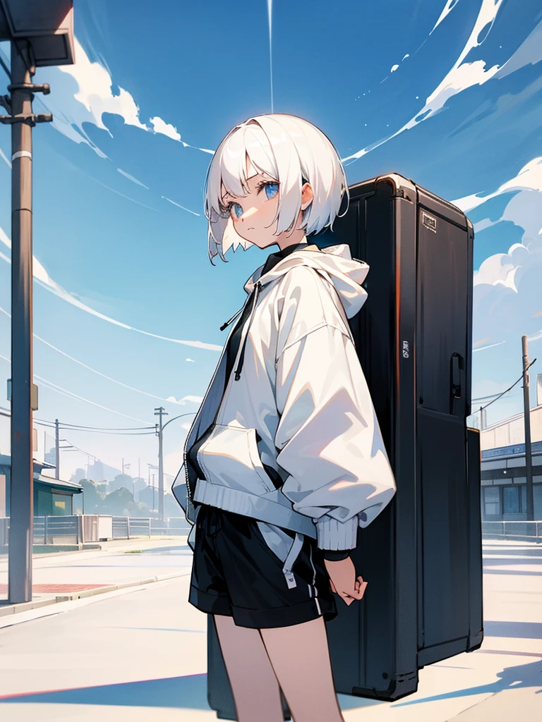 Teenage girl with short white hair in dark anime style、put on a sad face、He is wearing a white hoodie with a black jacket over it、Black shorts、A modern, relaxed atmosphere with a peaceful town as the backdrop、high resolution、Facing forward