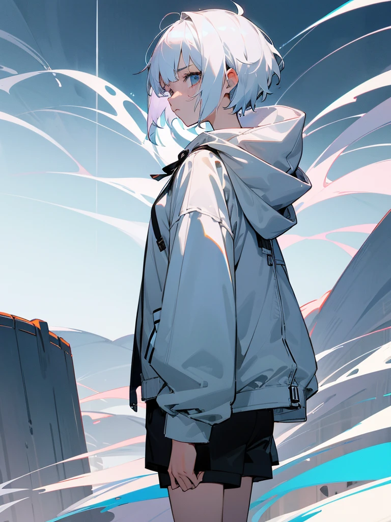 Teenage girl with short white hair in dark anime style、put on a sad face、He is wearing a white hoodie with a black jacket over it、Black shorts、A modern, relaxed atmosphere with a peaceful town as the backdrop、high resolution、Facing forward