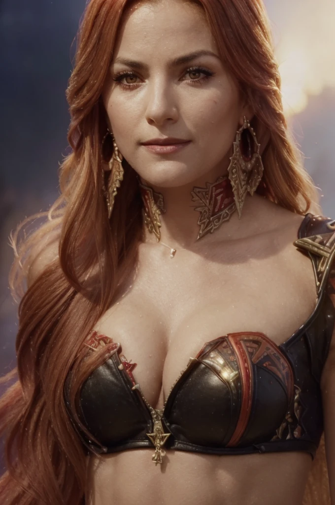 A adult girl in realistic portrait of high quality and detail, movie style, Mavuika (Genshin Impact), face close up, portrait shot, ((bright red hair at the ends)), adult girl, 25 years old, diamond face, the sky is ablaze with bright flames in the background, depth of field, magic, big red lips, ((red and yellow eyes)) black and red long and full dress, covered chest, mystical atmosphere, ominous shadows, Intense blue aura, Intense red aura (best quality:1.2), absurdres, intricate details, (highly detailed skin:1.2), smile expression, posing, taut and well defined body, attractive. Highly realistic, tanned skin, beautiful, hyperrealism, skin very elaborated, direct gaze, Aztec style, rectangular sunglasses, glow, eye shadow, 1girl, Depth & Perspective, smiling on her face, fine face, She sitting on chair in the living room, crossed legs, indoors, sunlight from stained glass windows, looking at viewer, (ultra-high detail:1.2), Masterpiece, Best Quality, Ultra-detailed, Cinematic lighting, 8K, delicate features, cinematic, 35 mm lens, f/1.9, highlight lighting, global lighting –uplight –v 4, cinematic, Cinematic lighting, 8K, high quality, Highest Quality, (Solo Focus), (extremly intricate:1.3), (Realistic), masterful, Analog style, (Film grain:1.5), (warm hue, cold tone), 