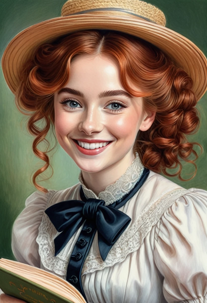 A colored pencil drawing of a pretty smiling happy victorian governess, curly auburn red hair. Kind and inteligent, joyful energy. hair in bun, hat. book of poetry in hand. Sabrina Carpenter