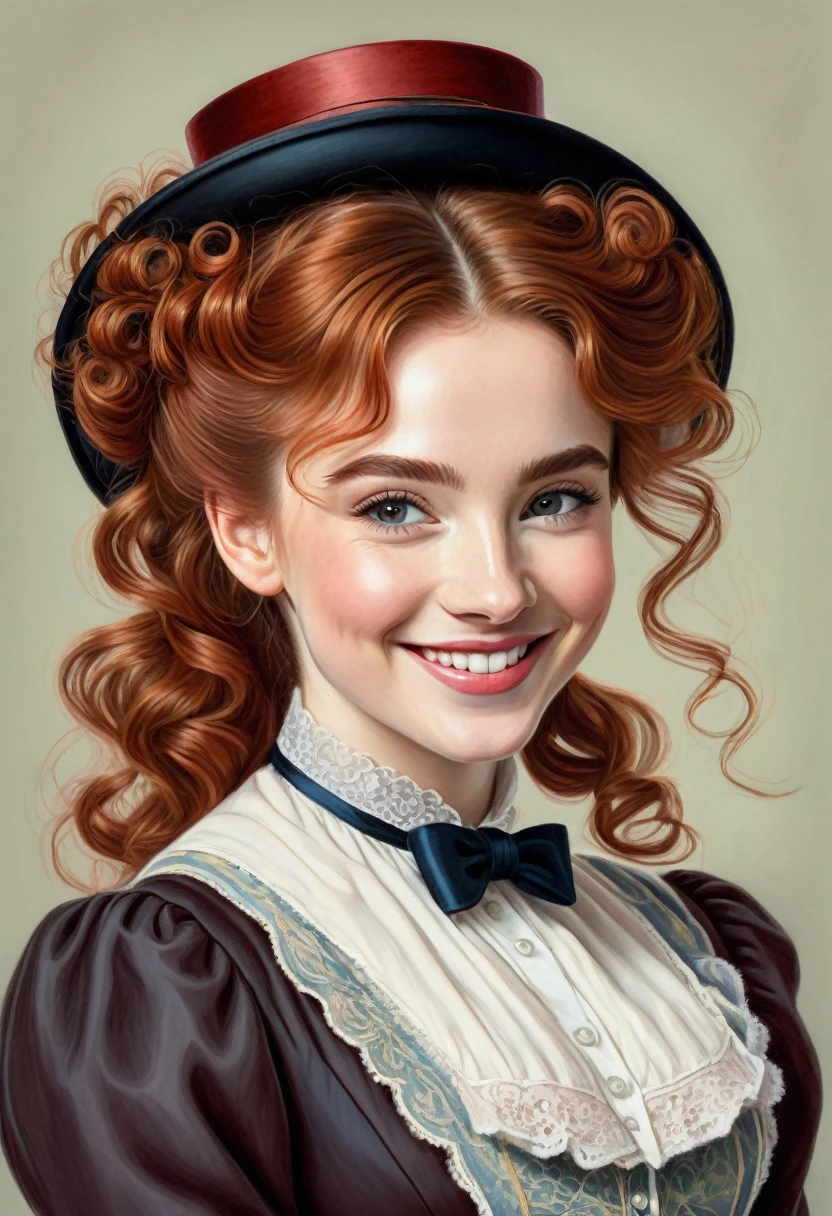 A colored pencil drawing of a pretty  smiling happy victorian governess, curly auburn red hair. Kind and inteligent, joyful  energy. hair in bun, hat. book of poetry in hand. Sabrina Carpenter
