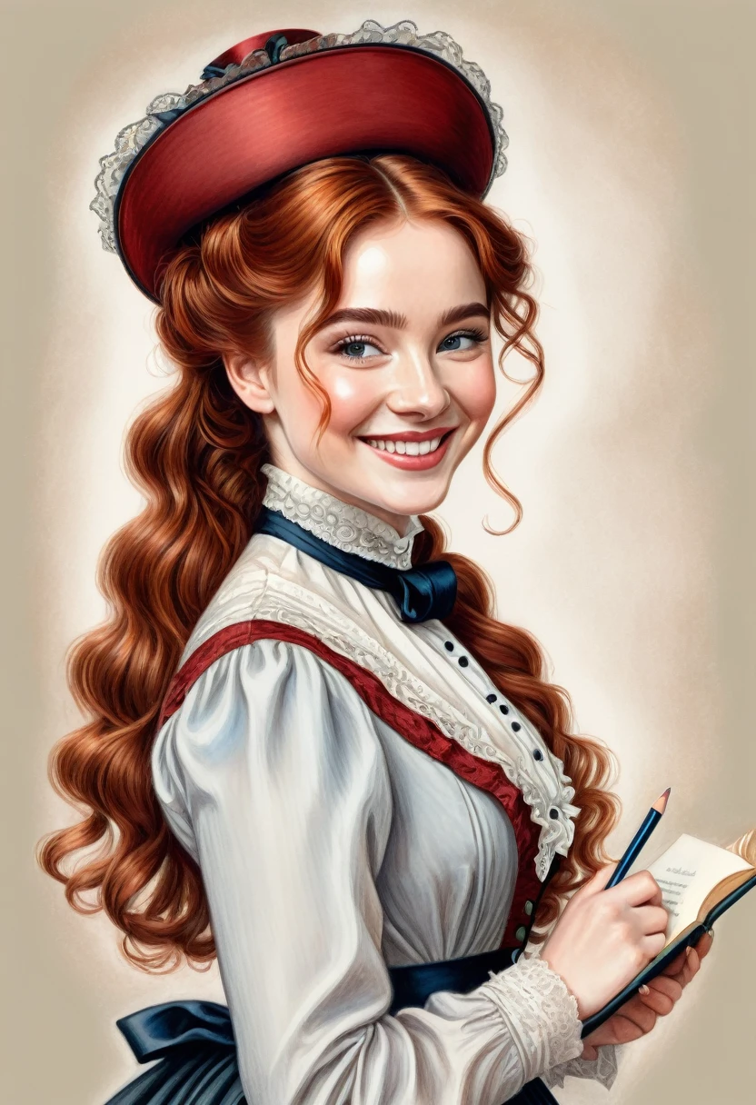 A colored pencil drawing of a pretty smiling happy victorian governess, curly auburn red hair. Kind and inteligent, joyful energy. hair in bun, hat. book of poetry in hand. Sabrina Carpenter