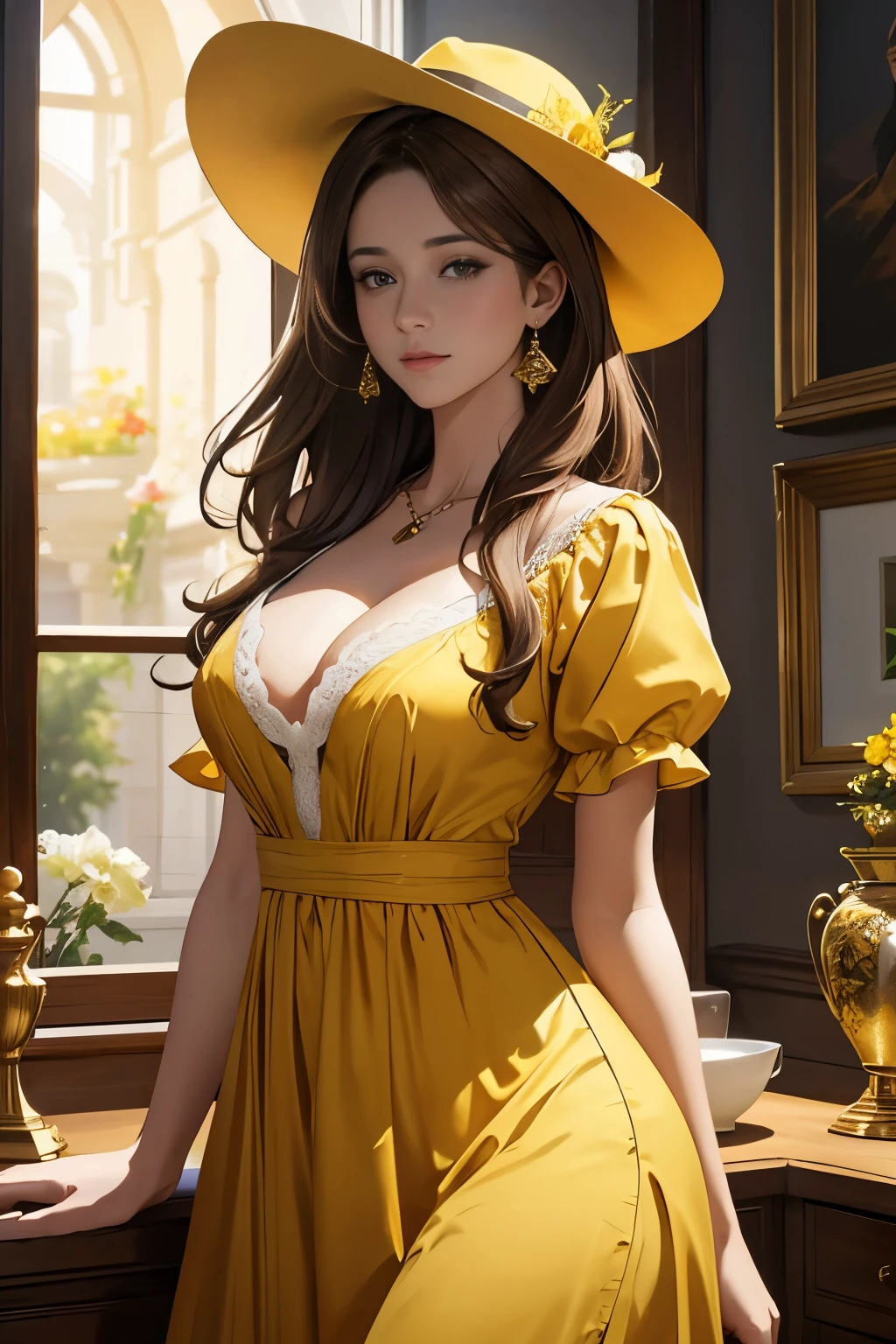 A girl in a yellow dress, with brown hair and yellow hat. She has a sexy and attractive appearance. Delicate and detailed face, face with all the delicacy of a princess, eyes beautiful detailed. Her blouse is open, revealing her big, attractive breasts. The medium used to represent this work of art is oil painting, ensuring a detailed, high-quality result. The painting style is realistic and photorealistic, with vivid colors and sharp focus. General lighting is well balanced, lighting the scene beautifully. Super definition image, 8K image, rich in details,