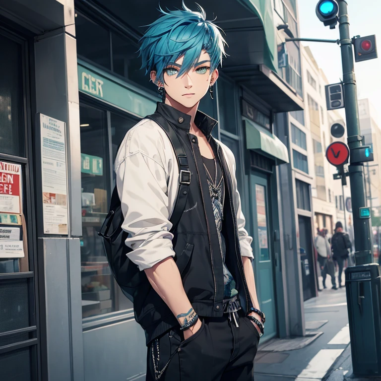 Young man, Blue hair in a wolf cut, green eyes, handsome, piercings, street style clothes
