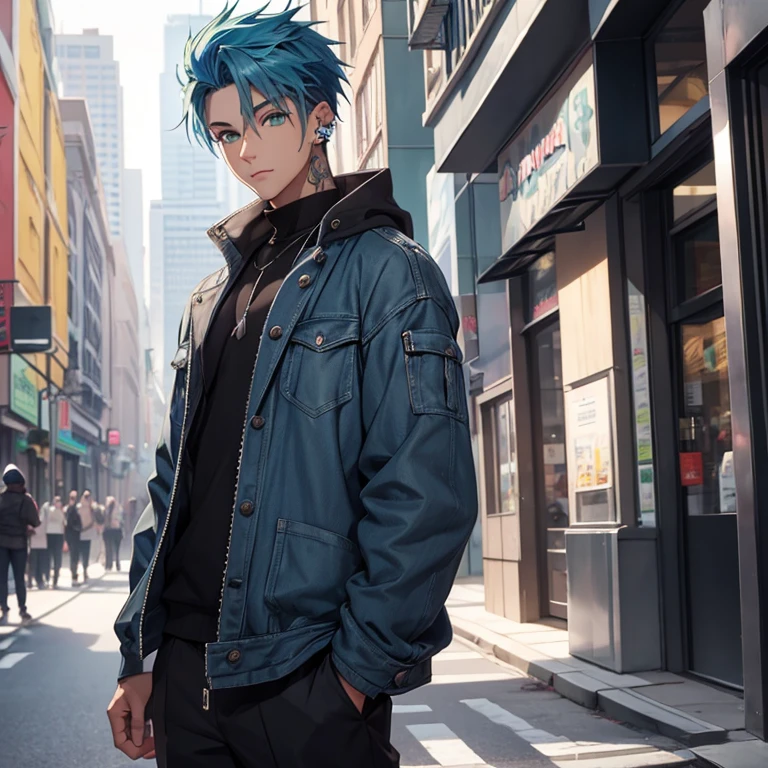 Young man, Blue hair in a wolf cut, green eyes, handsome, piercings, street style clothes