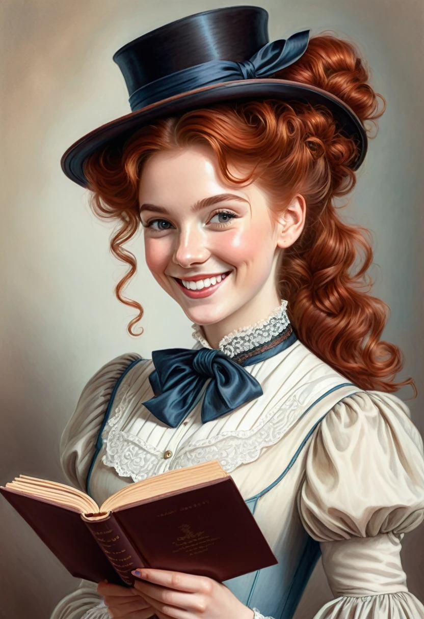 A colored pencil drawing of a pretty smiling happy victorian governess, curly auburn red hair. Kind and inteligent, joyful energy. hair in bun, hat. book of poetry in hand.