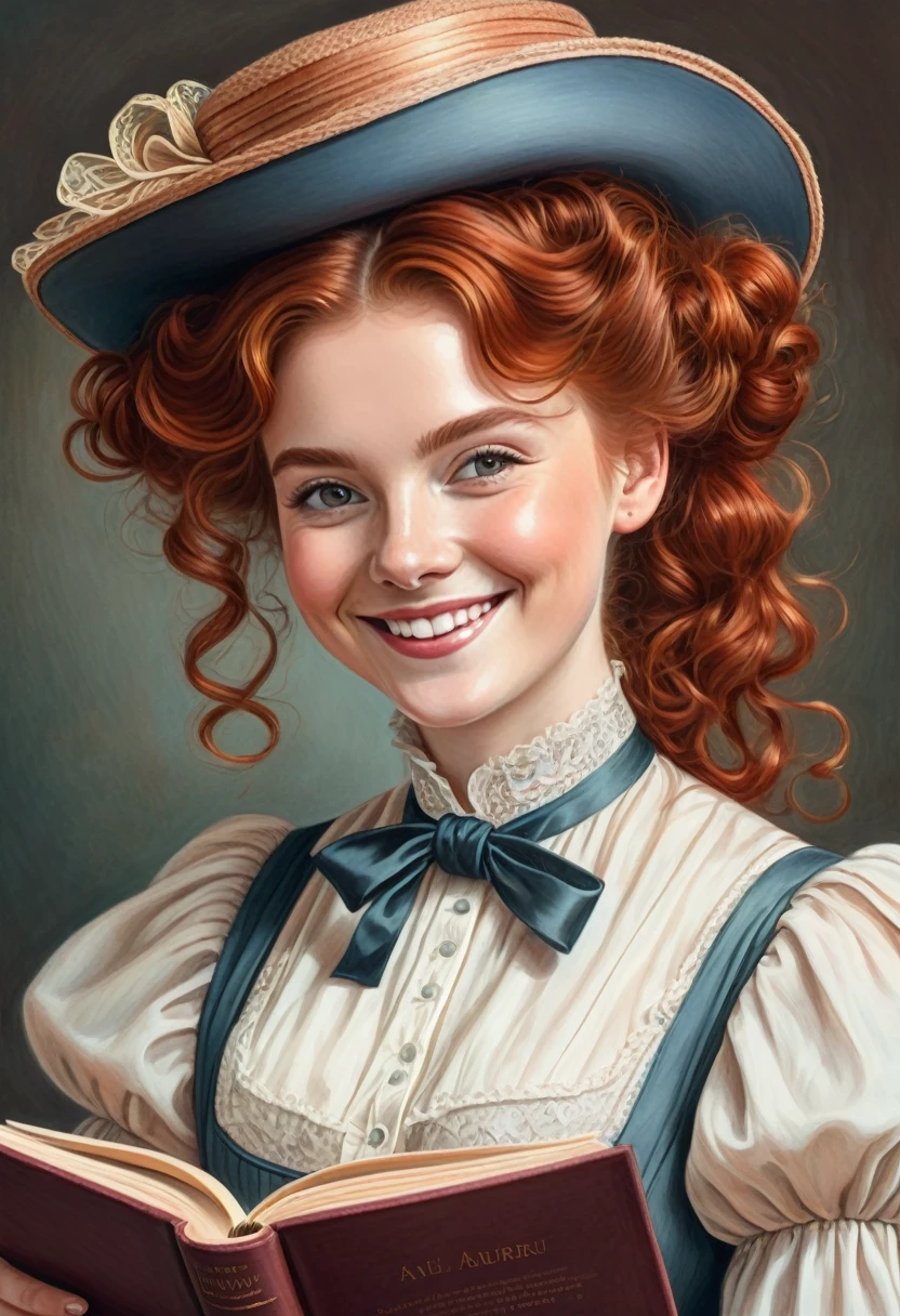 A colored pencil drawing of a pretty smiling happy victorian governess, curly auburn red hair. Kind and inteligent, joyful energy. hair in bun, hat. book of poetry in hand. 

