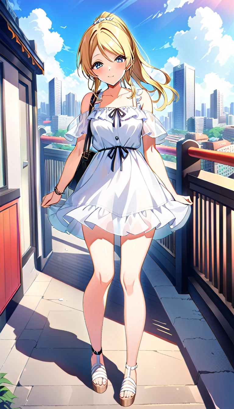 18-year-old adult woman, Eri Ayase, full body, wearing clothes for going out in the city in midsummer, medium chest, id_eli_ayase, city background, 8k