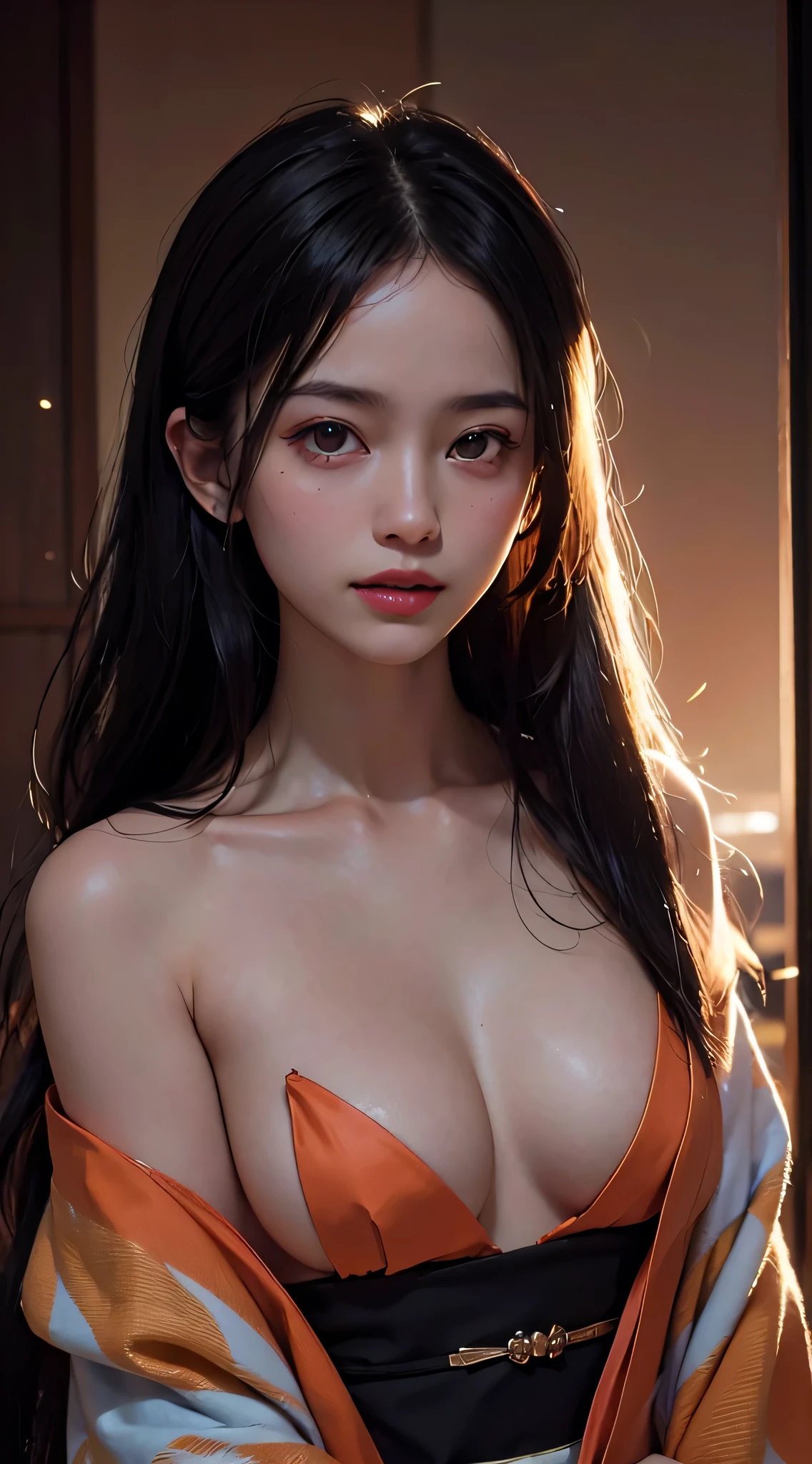 a (12 year old, 12 year, age-12) girl, long hair, soothing tones, high contrast, (natural skin texture, hyperrealism, soft light, sharp),golden holy aura glow, particles,exposure blend, medium shot, (hdr:1.4), high contrast, (cinematic, teal and orange:0.85), (muted colors, dim colors, soothing tones:1.3), low saturation, (hyperdetailed:1.2), (noir:0.4), big breats, smile, kimono, topless