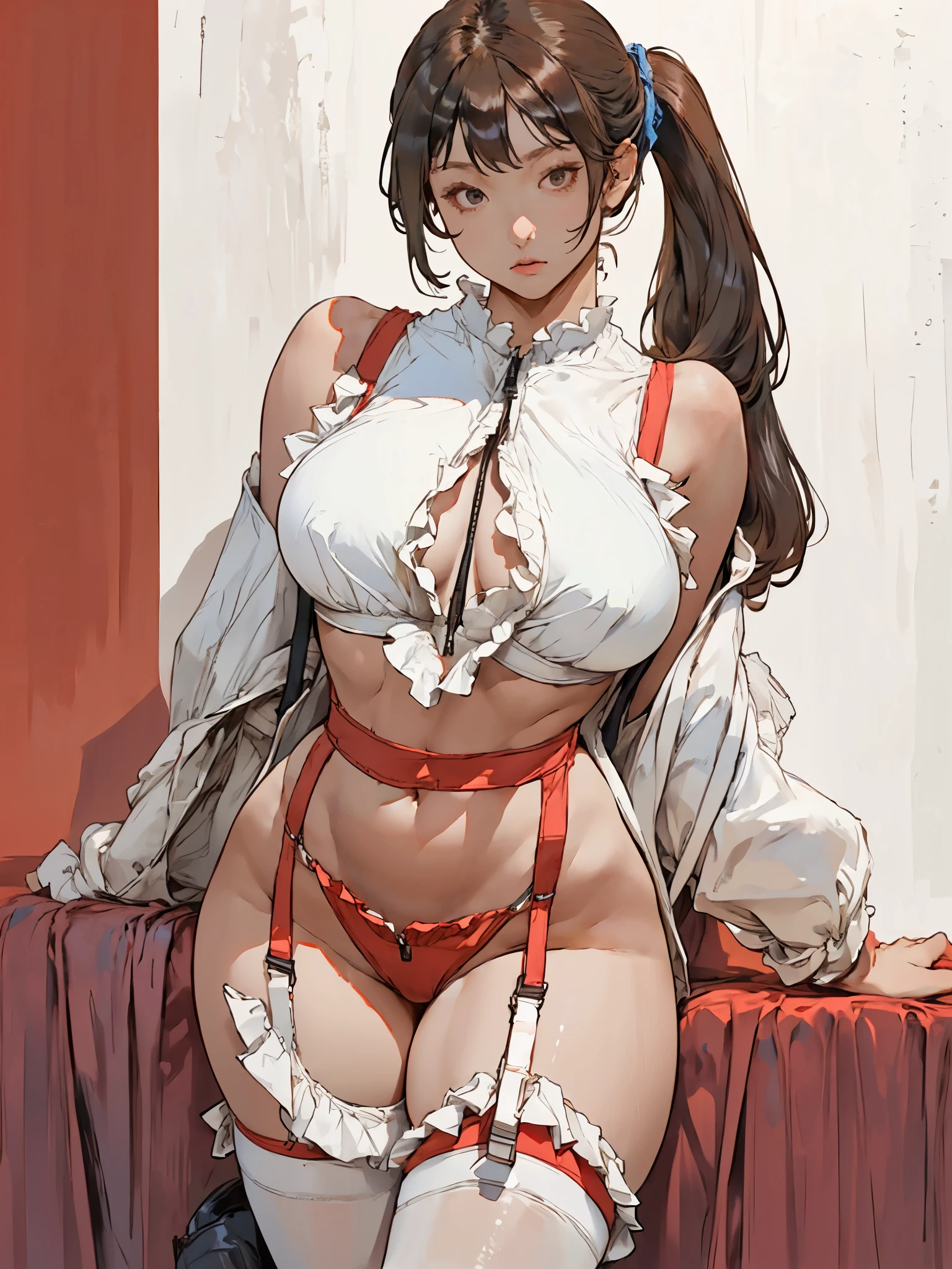 1girl, long brown hair, high ponytails, bangs, (white color theme clothing), red background, thighs, detailed face, looking at viewer, low-waist thong, ruffle strap, (ruffle suspender:1.2), micro bra, funnel collar, zipper, gigantic breasts,