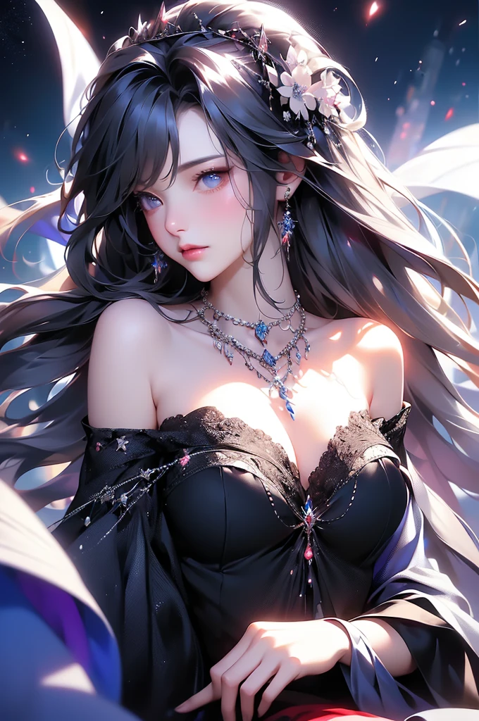 (masterpiece:1.5, Highest quality, Very detailed、 Dutch Angle、Semi-realistic、Fantasy)(One Girl, alone)(White and beautiful hair:1.6,,Straight Long Hair)(Dress in black tones、Fantasyの衣装)、((Off the shoulder、Mid-chest、ruby ​​necklace))(Beautiful cleavage、Legs wrapped in tights)(Beautiful starry sky、Mystical Night、Particles of light float around the woman、Fantasy space) Waiting to start
