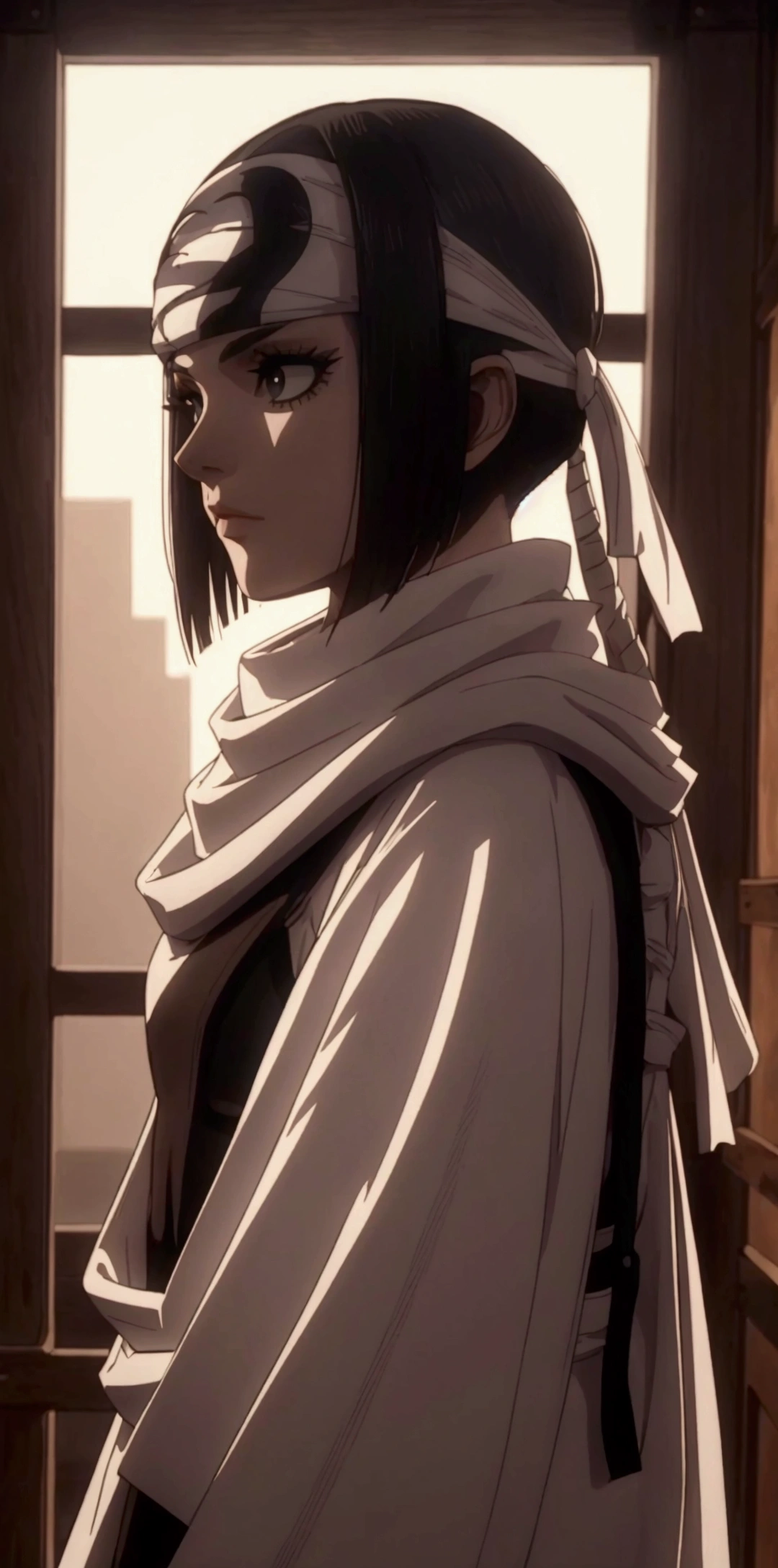 beautiful young girl with a bob haircut, standing alone, wearing a cowl headband, in profile, looking directly at the viewer, (best quality, 4k, 8k, highres, masterpiece:1.2),