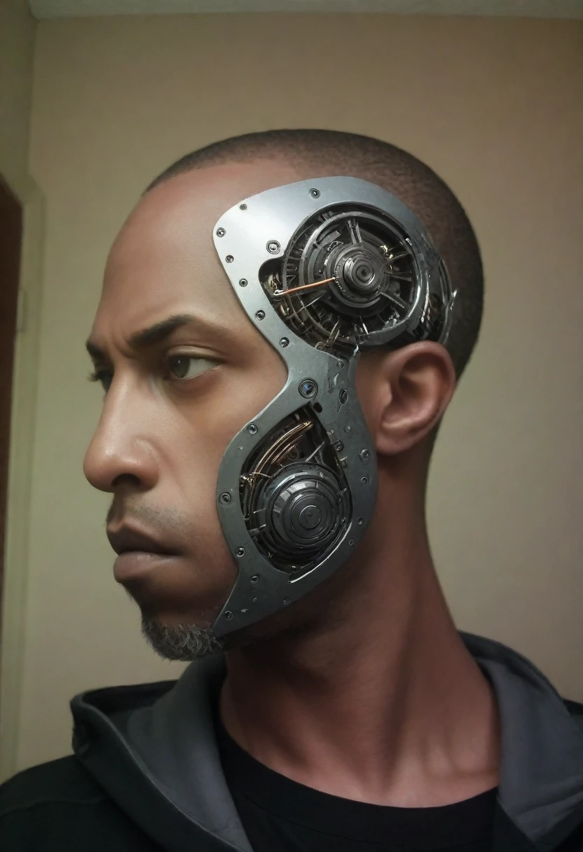 Mid-Action Close-Up: Close-up of Shawt's face in mid-action, capturing the tension and movement, with glowing eyes and mechanical details.
Full-Body Standing Pose: Shawt standing with a powerful stance, showing the full extent of his cybernetic body, glowing circuitry, and mechanical parts.
Half-Body Profile: Side profile shot of Shawt from the waist up, highlighting the cybernetic enhancements on his face and torso.
Close-Up of Hand: Detailed close-up of Shawt's cybernetic hand, showing intricate mechanical parts, metallic skin, and glowing circuitry.
