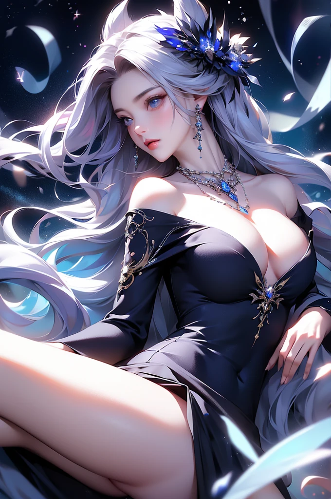 (masterpiece:1.5, Highest quality, Very detailed、 Dutch Angle、Semi-realistic、Fantasy)(One Girl, alone)(White and beautiful hair:1.4,,Straight Long Hair)(Dress in black tones、Fantasyの衣装)、((Off the shoulder、Mid-chest、ruby ​​necklace))(Beautiful cleavage、Legs wrapped in tights)(Beautiful starry sky、Mystical Night、Particles of light float around the woman、Fantasy space) Waiting to start
